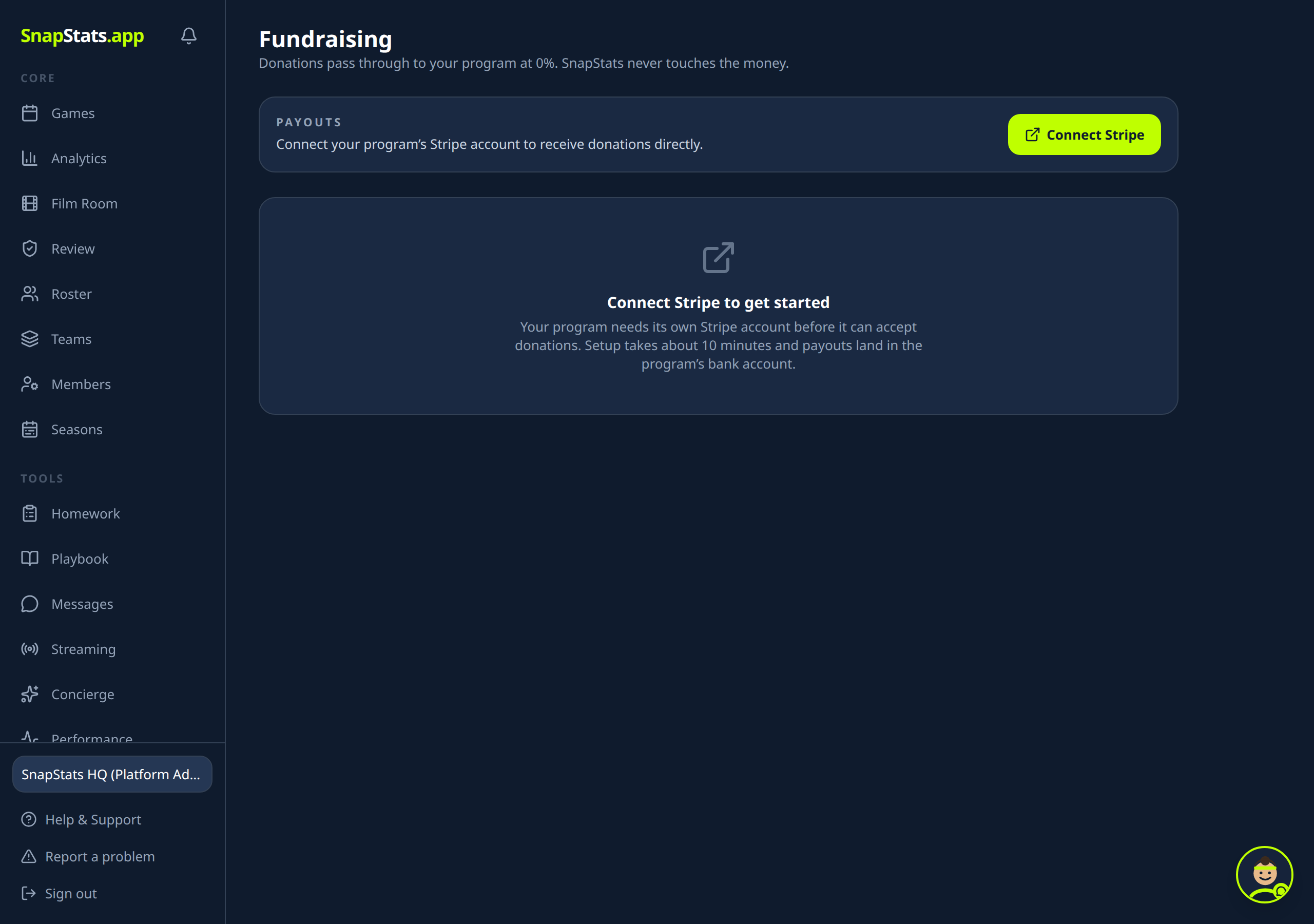 The Fundraising screen before setup: connect your program's Stripe account