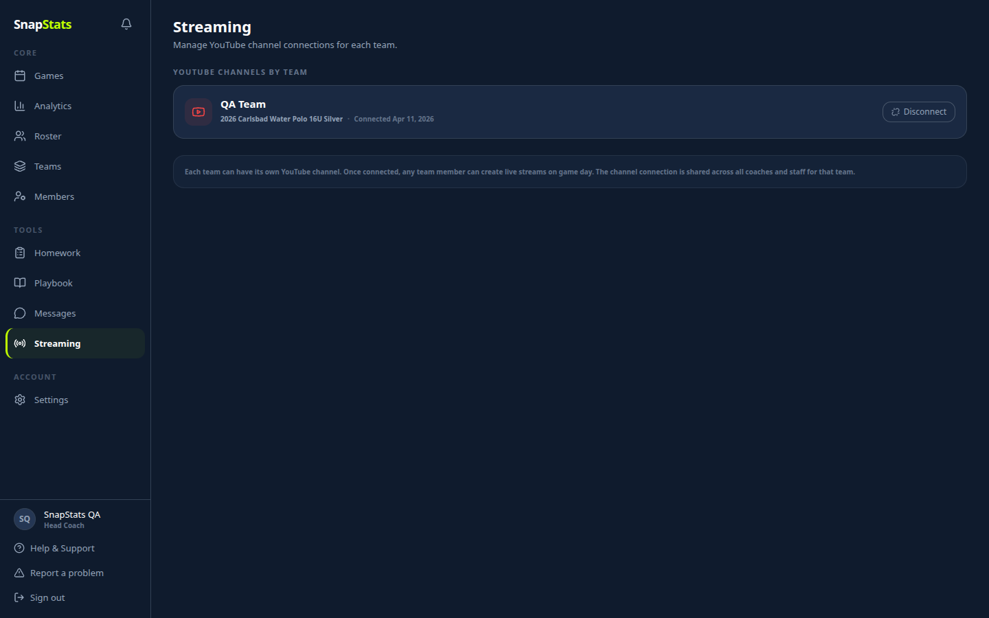 Streaming page showing team cards