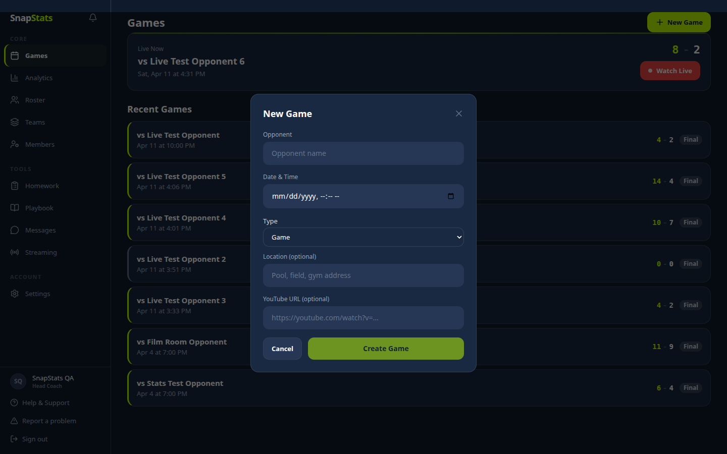 New Game creation form with all fields visible