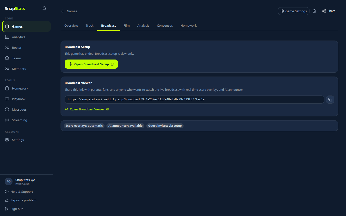 Game detail Broadcast tab with Open Broadcast Setup and Broadcast Viewer cards