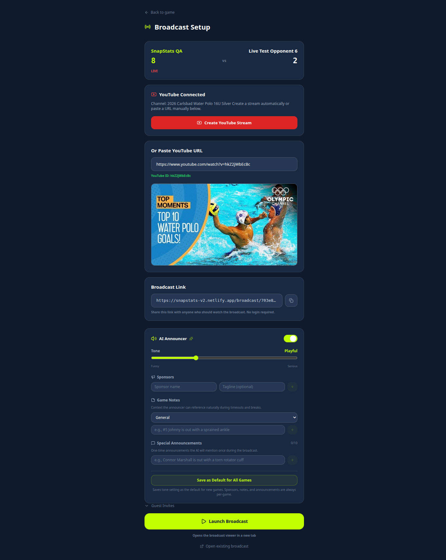 Full Broadcast Setup page with all sections visible