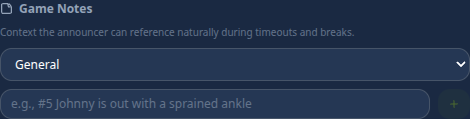 Game Notes section with General category dropdown and example placeholder text