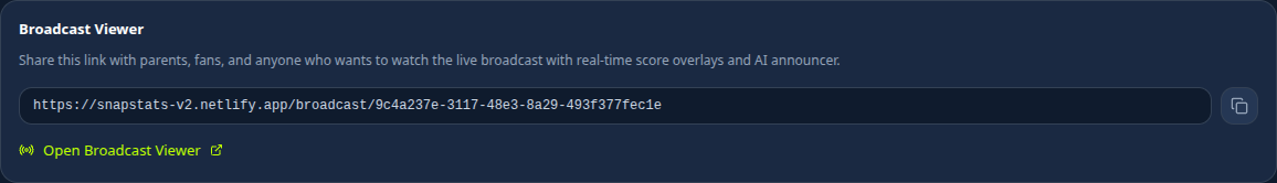 Broadcast Viewer card with URL and copy button