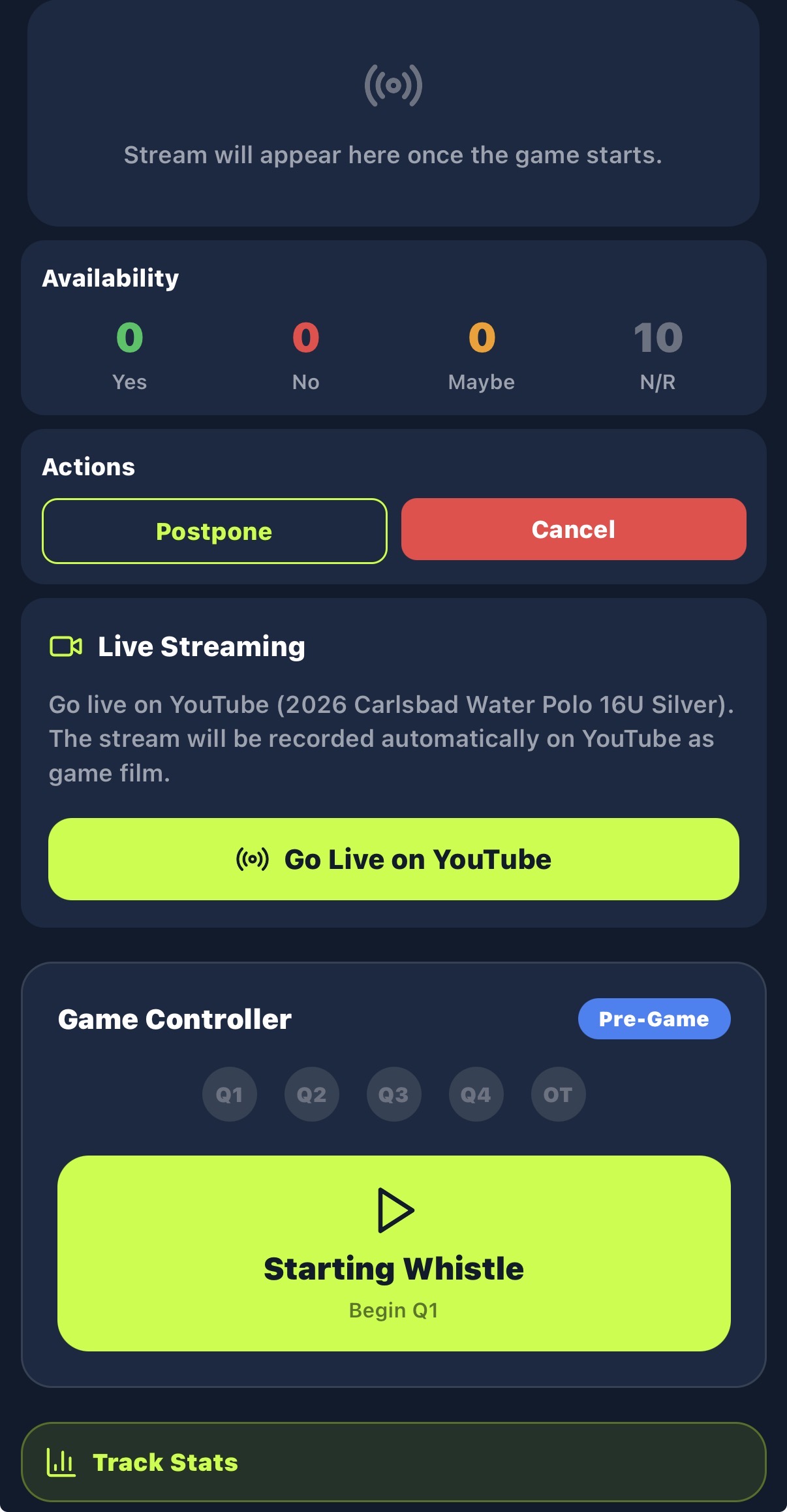 Mobile game screen showing Go Live on YouTube button, Game Controller with Q1-Q4-OT, and Starting Whistle button