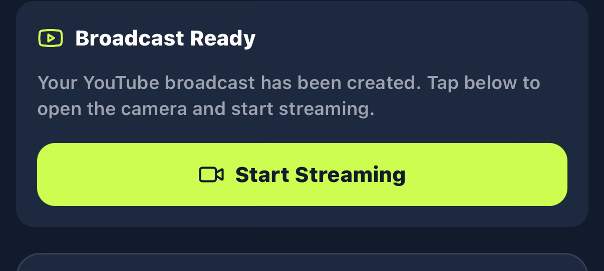 Broadcast Ready card with Start Streaming button